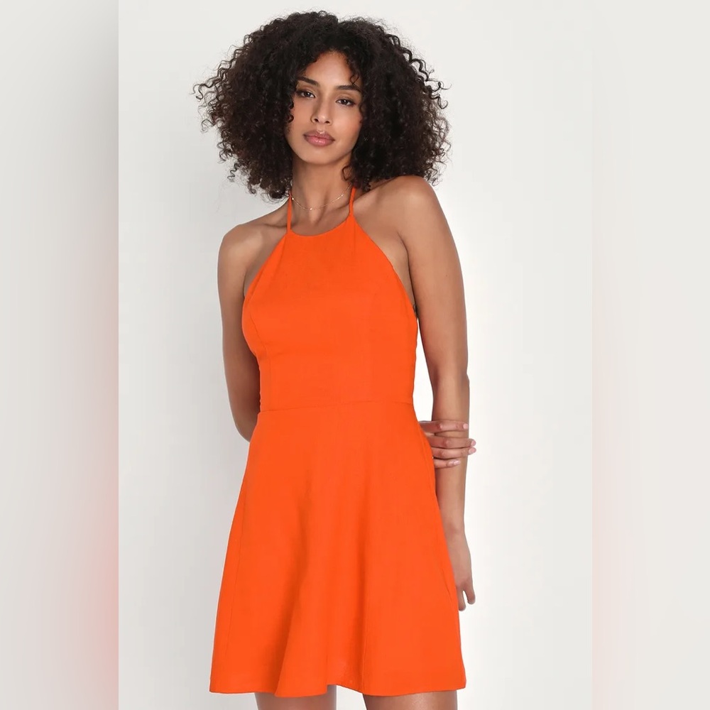 Lulu’s | Vineyard Veranda Bright Orange Linen Halter Mini Dress